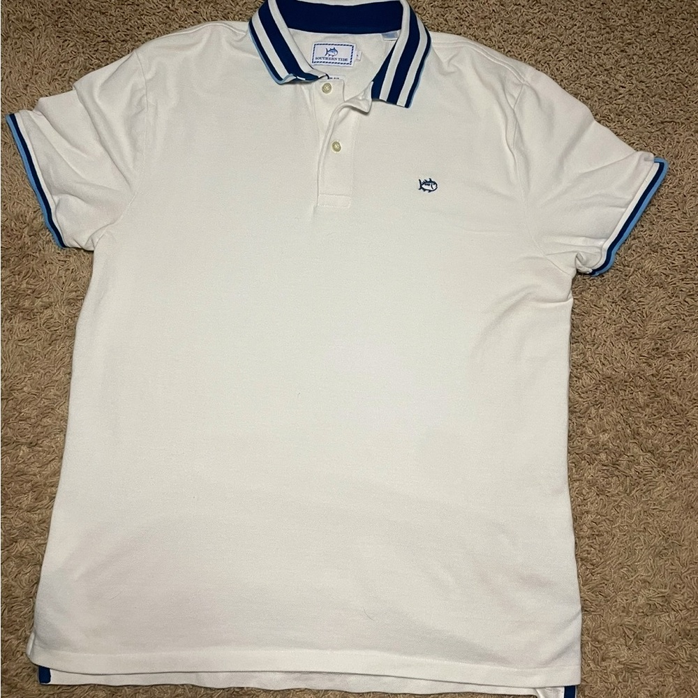 Southern Tide Men's Trim Fit Polo Collared Golf Shirt Size Large White/Blue